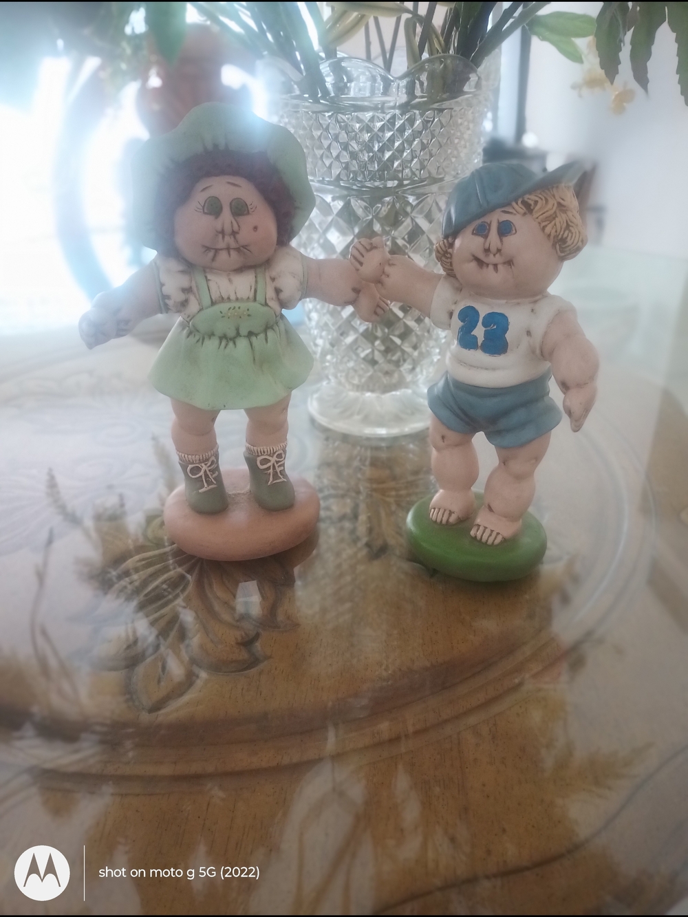 Vintage Cabbage Patch Ceramic Boy and Girl Figurines - Green and Blue